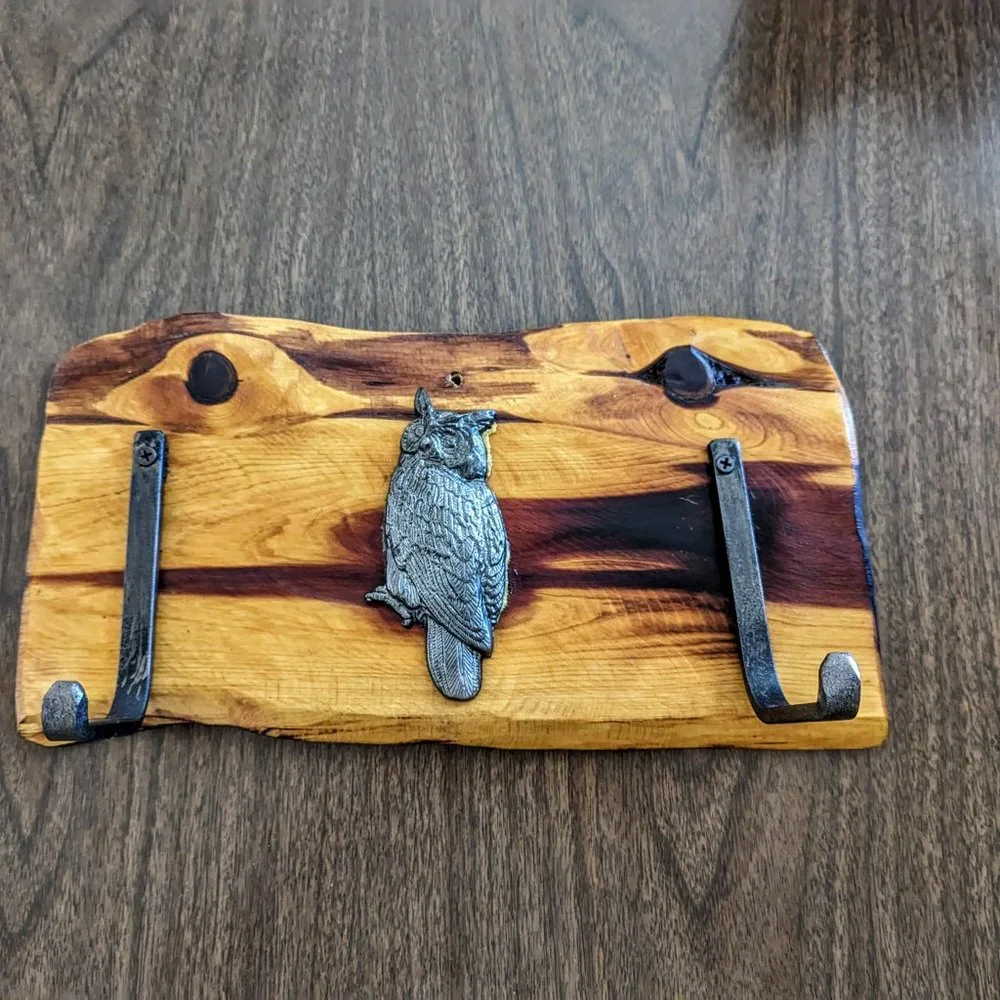 Wood wall plaque with owl and adjustable hooks for hanging items